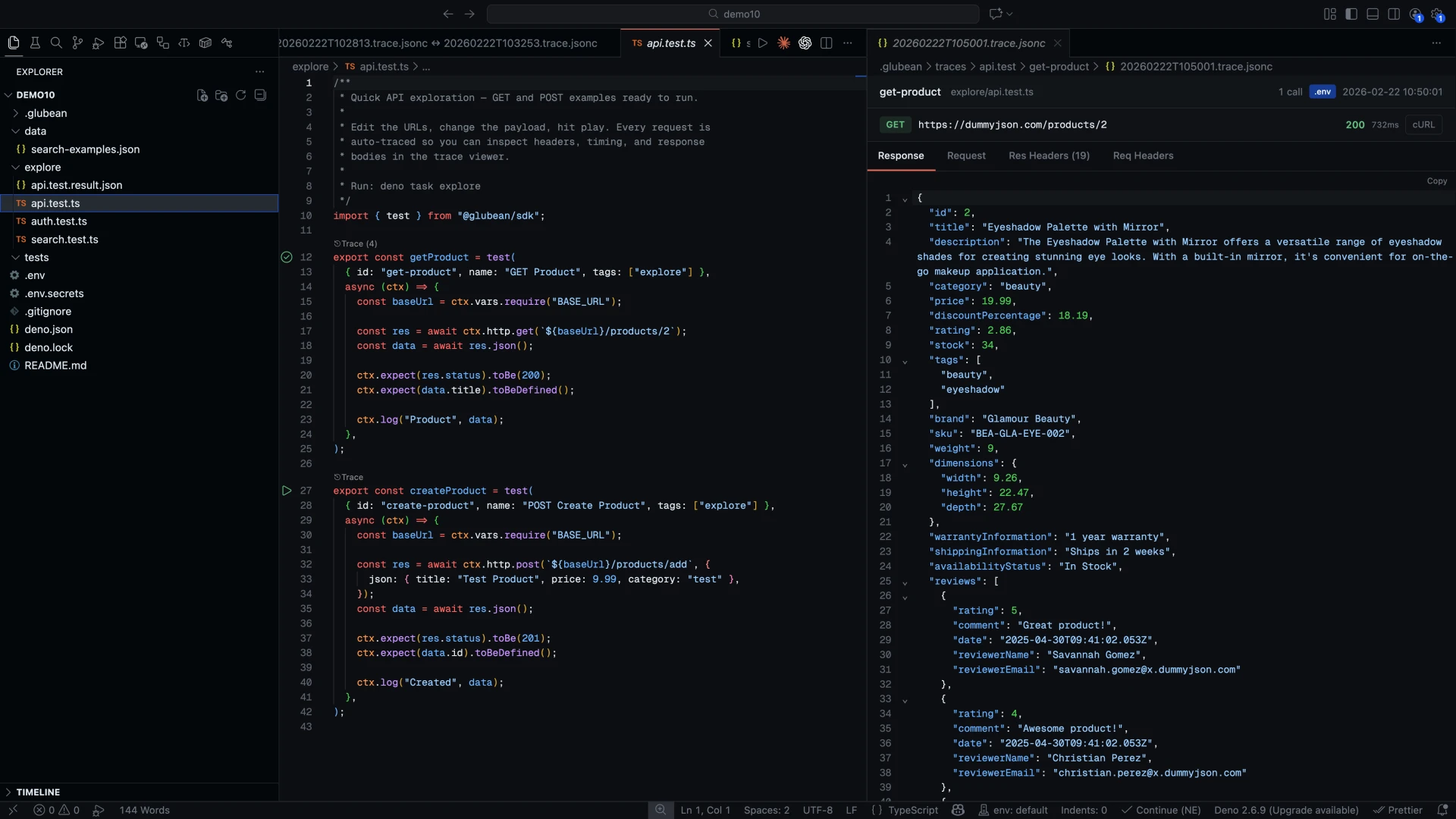 VS Code with an inline play button and the trace viewer beside the test